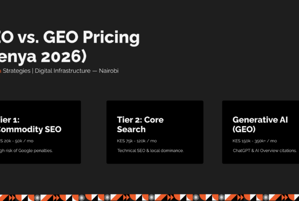 Pricing comparison table showing the monthly cost of corporate SEO and Generative Engine Optimization (GEO) retainers in Kenya for 2026, designed by Jukwaa Strategies.