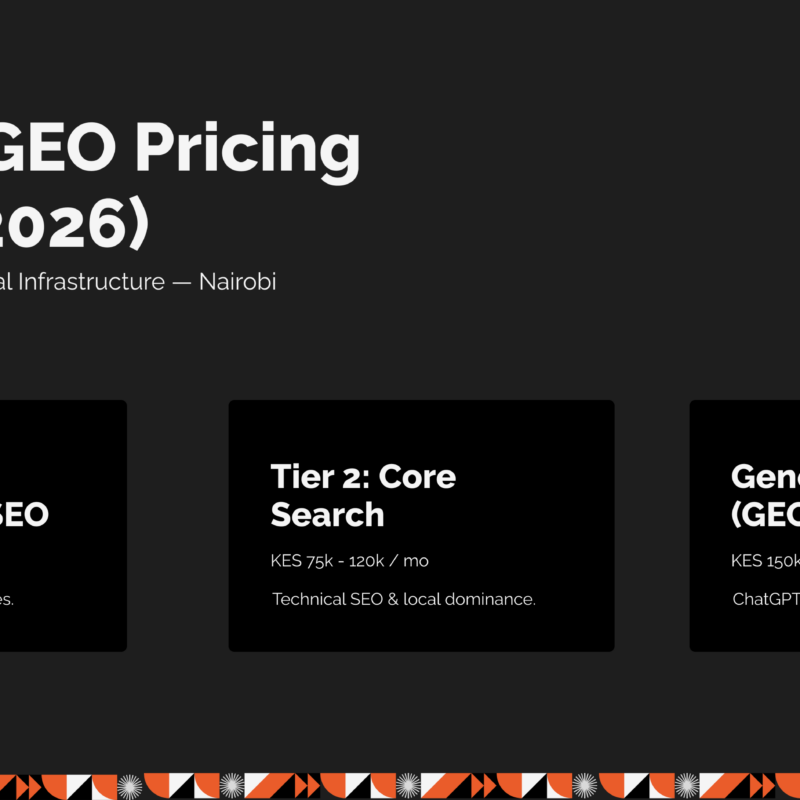 Pricing comparison table showing the monthly cost of corporate SEO and Generative Engine Optimization (GEO) retainers in Kenya for 2026, designed by Jukwaa Strategies.