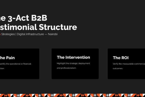 Infographic showing the 3-Act narrative structure for high-converting B2B corporate testimonial videos, outlining The Pain, The Intervention, and The ROI, designed by Jukwaa Strategies in Nairobi.