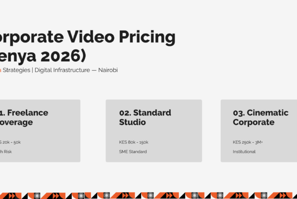 Pricing comparison table showing the cost of corporate video production in Nairobi, Kenya for 2026, breaking down freelance, mid-level, and cinematic tier budgets.