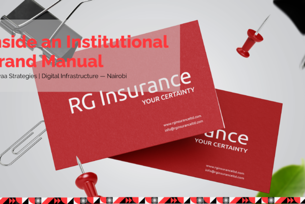 A professional corporate brand identity package deliverable showing executive boardroom stationery, business cards, and brand governance rules designed by Jukwaa Strategies in Nairobi, Kenya.