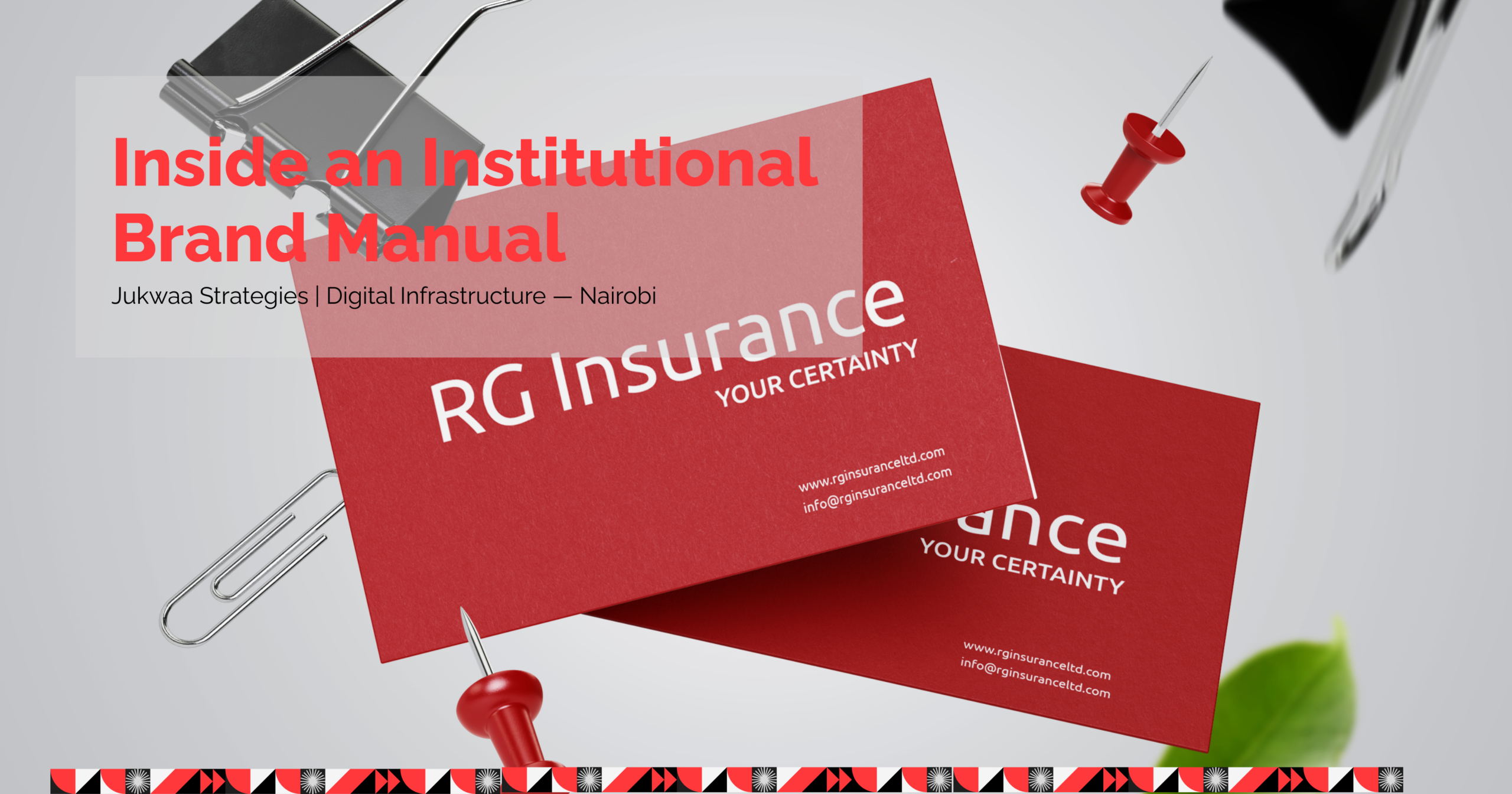 A professional corporate brand identity package deliverable showing executive boardroom stationery, business cards, and brand governance rules designed by Jukwaa Strategies in Nairobi, Kenya.