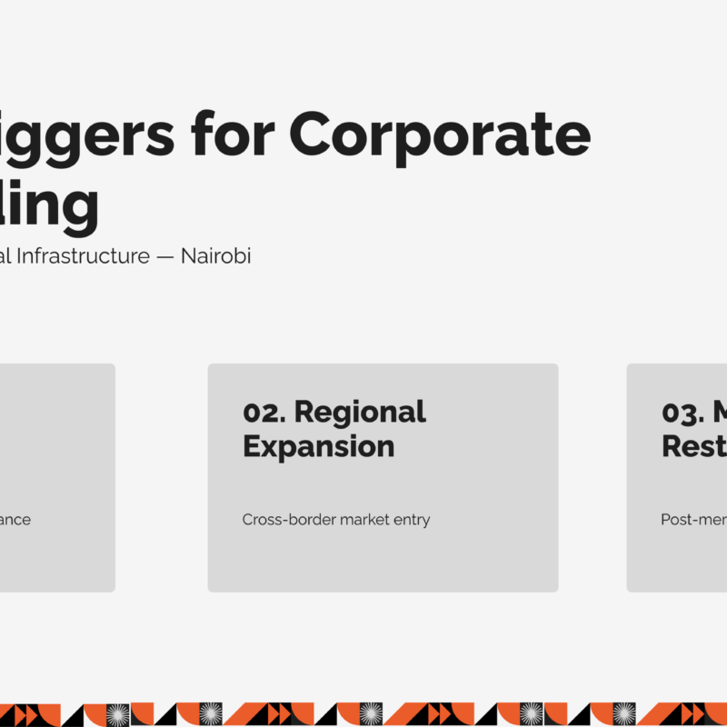 Infographic showing the 3 structural triggers for corporate rebranding in Africa: the scale disconnect, regional expansion, and M&A restructuring, outlined by a corporate rebranding agency in Kenya.