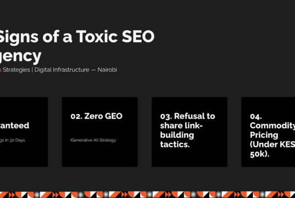 Infographic detailing the 7 red flags to watch for when hiring an SEO agency in Kenya, including guaranteed rankings, lack of GEO strategy, and commodity pricing, designed by Jukwaa Strategies.
