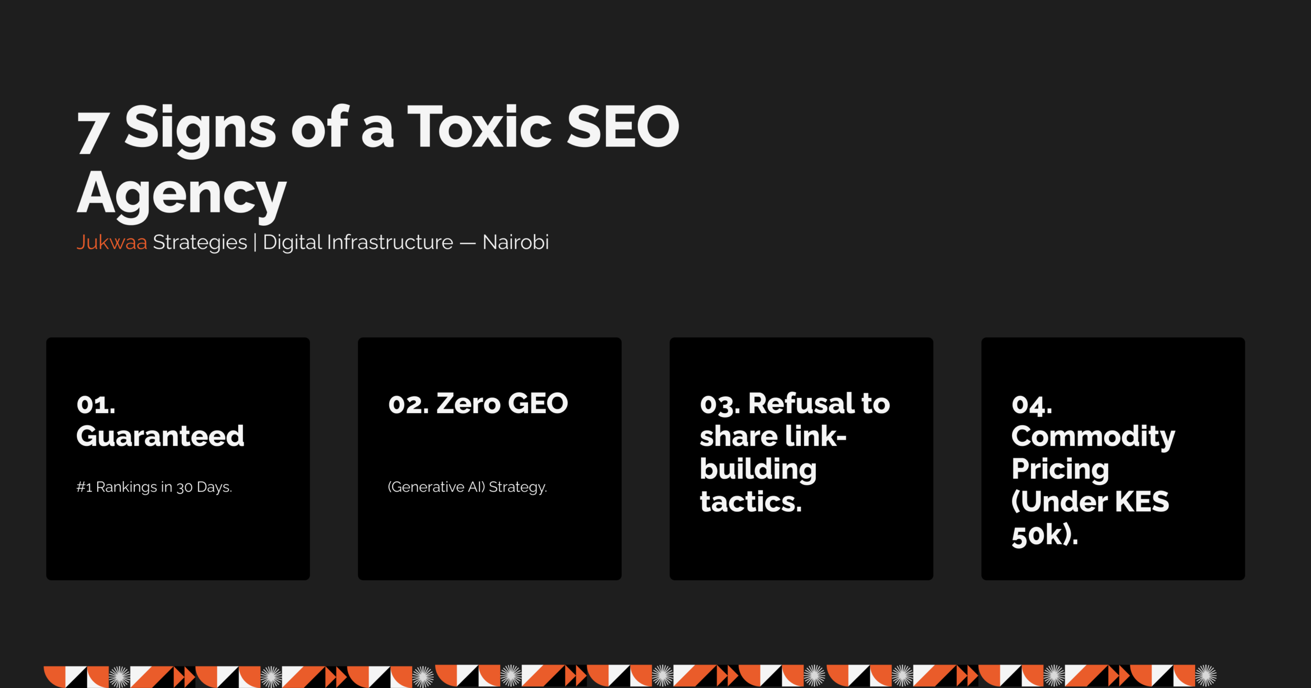 Infographic detailing the 7 red flags to watch for when hiring an SEO agency in Kenya, including guaranteed rankings, lack of GEO strategy, and commodity pricing, designed by Jukwaa Strategies.